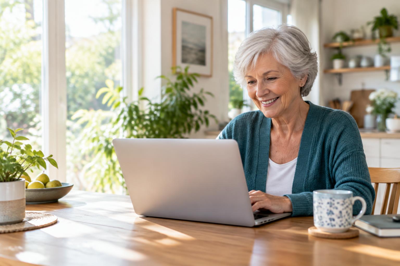 A smiling older woman using her laptop at home